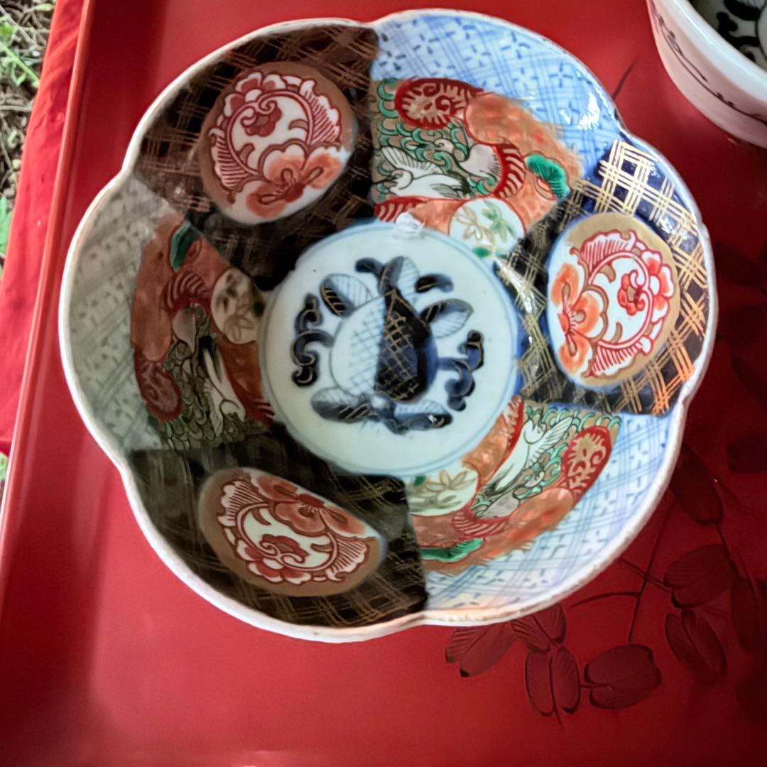 超限定価格‼️伊万里錦手向付おひたしにはこれ‼️桃手に鶴と竹六弁花在銘向付5客