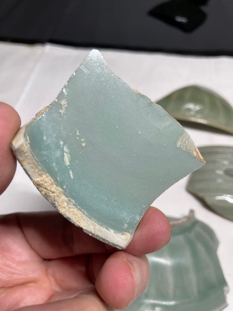 青磁。龍泉青磁。標本。骨董品。殘片4本。陶片（古美術）。宋時代