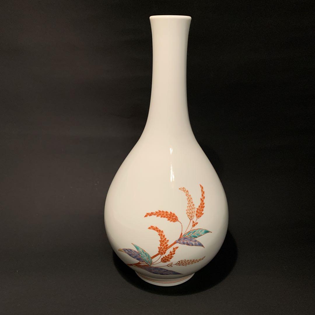 人間国宝 十四代酒井田柿右衛門 本人作 濁手 蓼文 瓶 共箱入