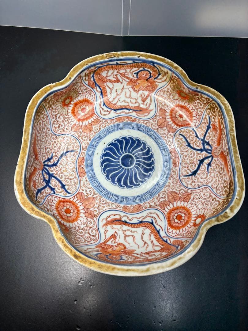 古伊万里 色絵 花唐草 龍 木瓜形 大皿 江戸期 希少品 陶器金彩 太明成化年製
