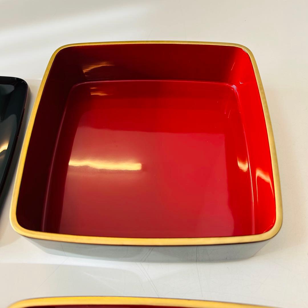 美品　高級　越前塗　3段重　木製　6寸 胴張　留内朱　渕金