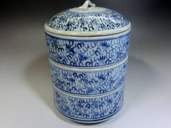 鉢■微塵唐草重鉢 蓋物 三段重鉢 古伊万里染付 菓子器 時代物 江戸期 骨董品■