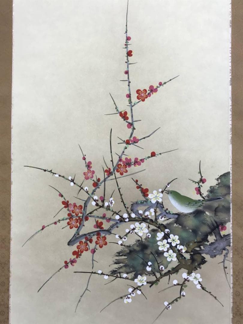 真作/雅堂/紅白梅小禽図/鶯図/ウグイス図/梅花図/名家伝来/AD-863