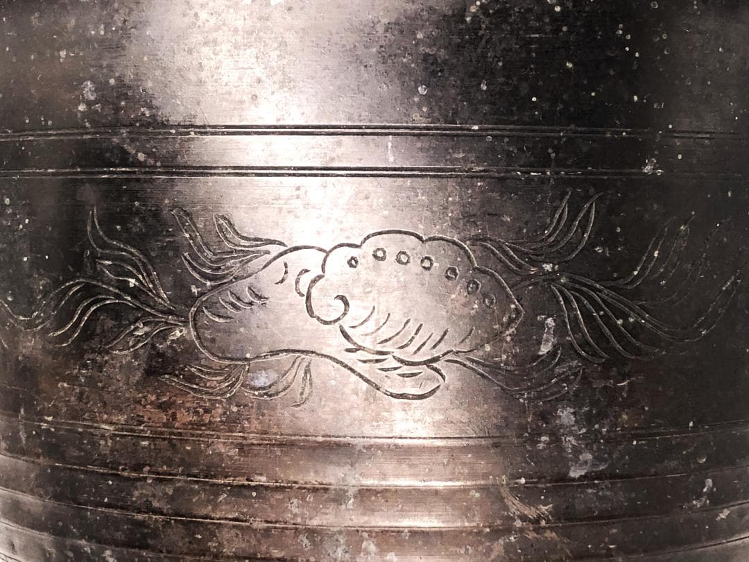 【 銅彫金手付香炉 25cm 】　貝藻文刻　清朝　中華古玩　　L1229A