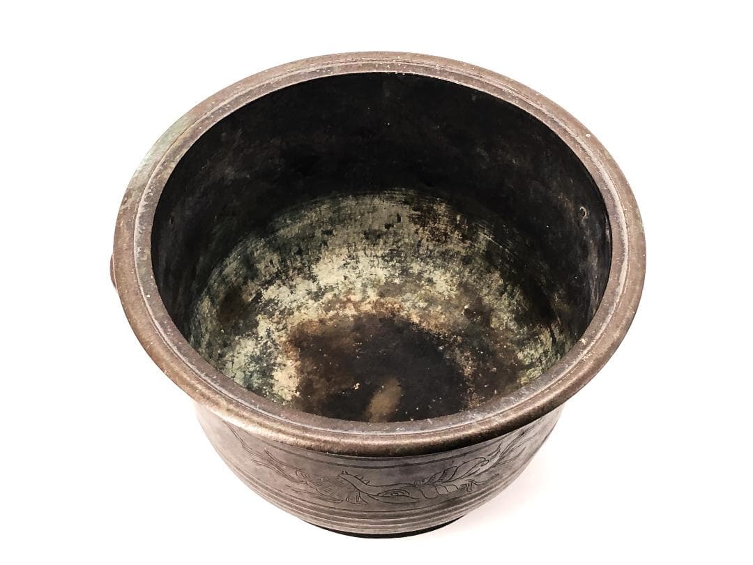 【 銅彫金手付香炉 25cm 】　貝藻文刻　清朝　中華古玩　　L1229A
