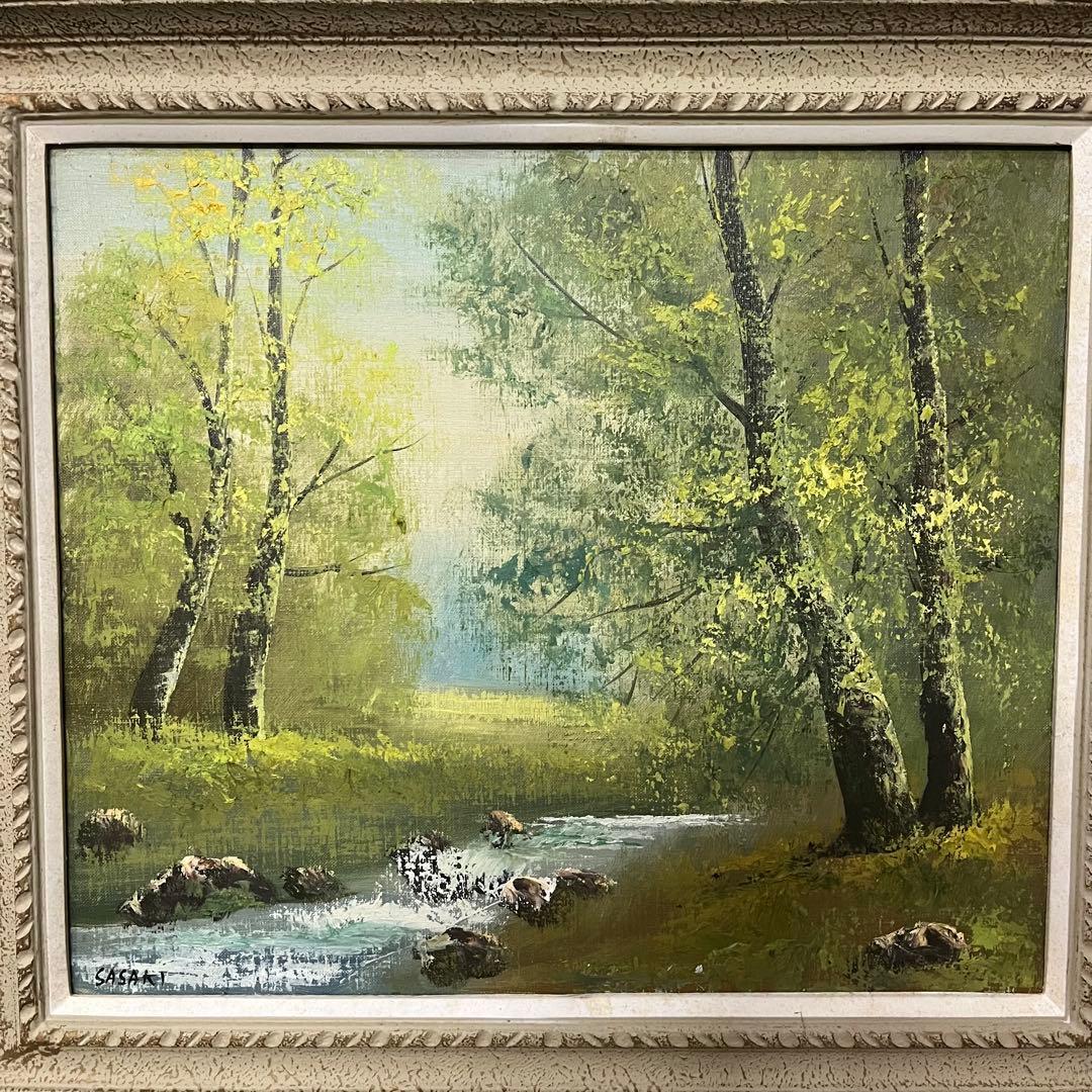 【アンティーク】額装 額縁 絵画 油彩画 風景画 小川 森林 銘有り オブジェ