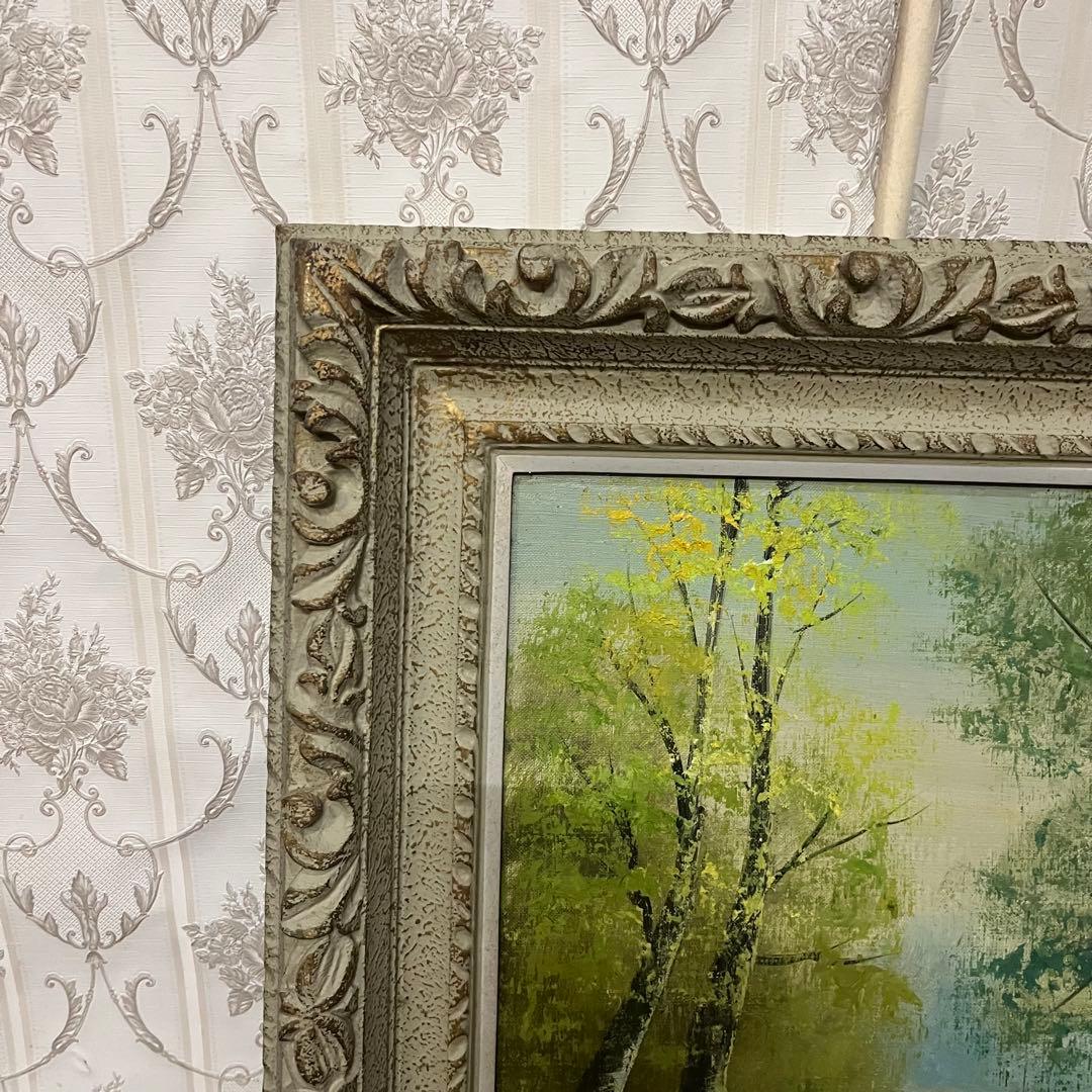【アンティーク】額装 額縁 絵画 油彩画 風景画 小川 森林 銘有り オブジェ