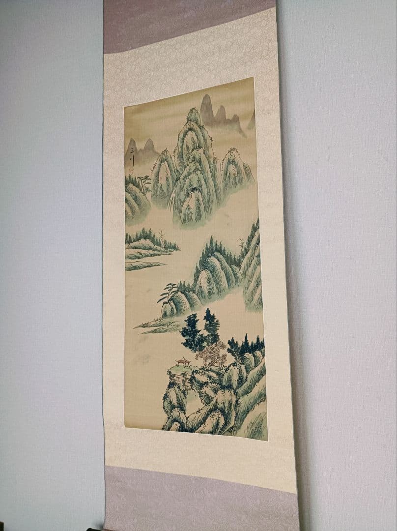美品 軸 開運 縁起物 おもてなし 絵 龍脈 山水 滝 中国 五行 風水 美術