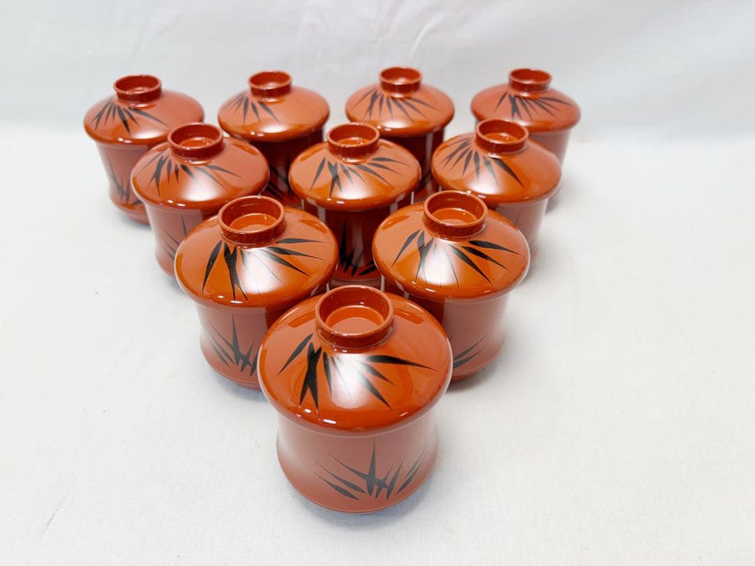 未使用 懐石道具 竹形朱塗箸洗 5客揃 黒竹蒔絵 内黒 和食器 小吸物椀 元箱