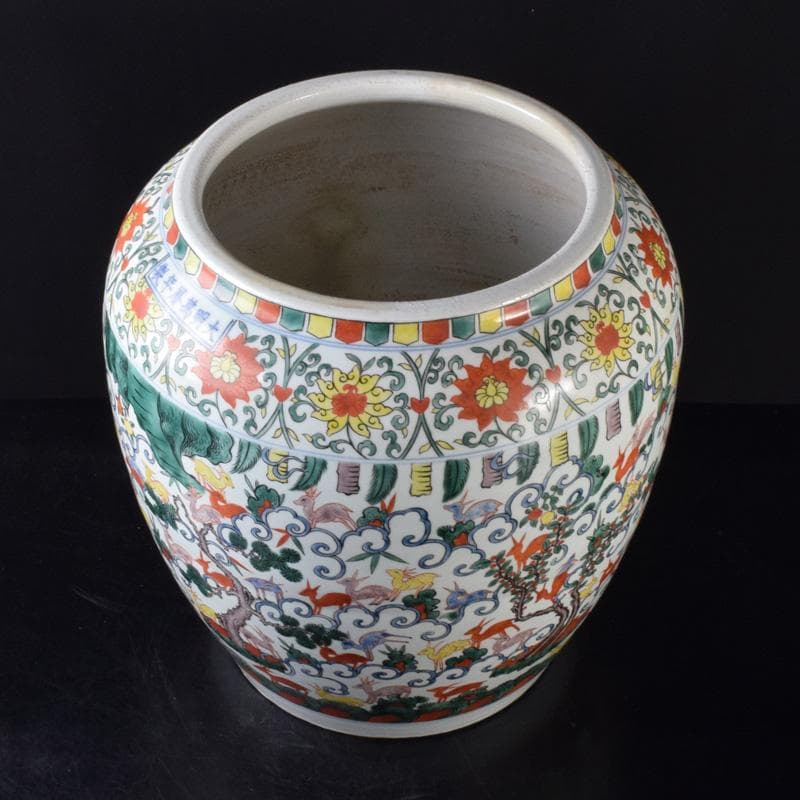 中国　大明萬暦年製　五彩　百鹿文　大壷　M　7312A