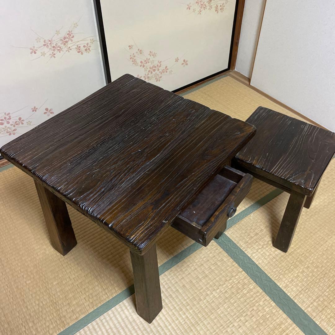 アンティーク　家具　浮造り　テーブル　イス（二脚）和風レトロ