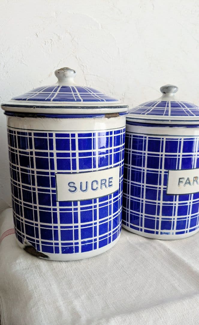 フランス BB社 ホーロー キャニスター フルセット青と白のチェック柄