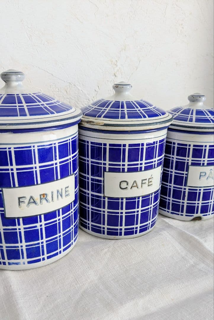 フランス BB社 ホーロー キャニスター フルセット青と白のチェック柄