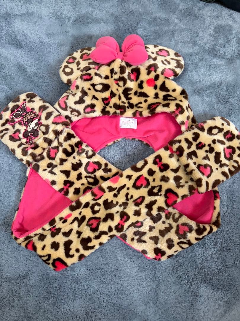 ディズニーミニーちゃんマフラーファンキャップヒョウ柄リボン付きフリース帽子