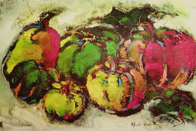 油絵 菅家令子絵 絵画インテリア額付(青緑＋金色の枠) uF6-061404果物