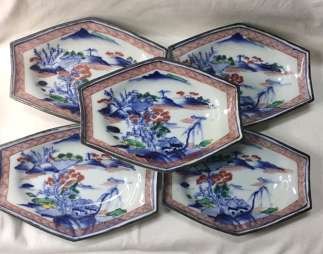 九谷焼六角皿 明治期 色絵 染付山水図 手描き陶芸品 旧家蔵出 アンティーク