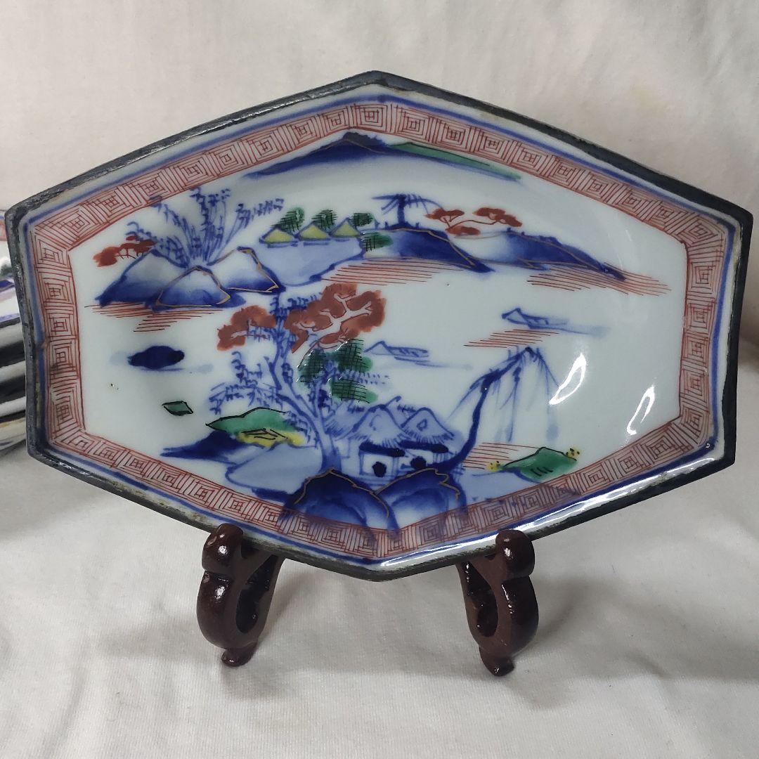 九谷焼六角皿 明治期 色絵 染付山水図 手描き陶芸品 旧家蔵出 アンティーク