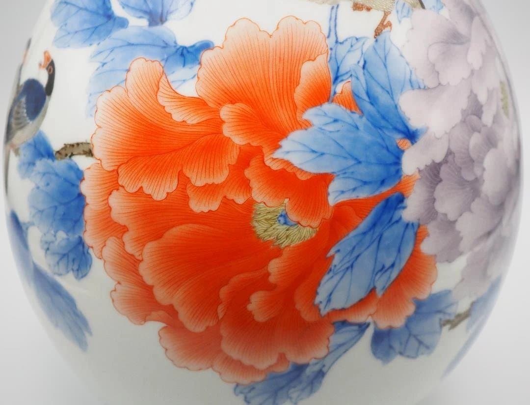 真葛香山 宮川香山 青華釉下彩花瓶 4鳥牡丹図 台付き