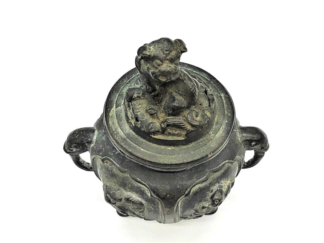 【 唐銅携行香炉 】　獅子蓋双耳三つ足　明～清古玩