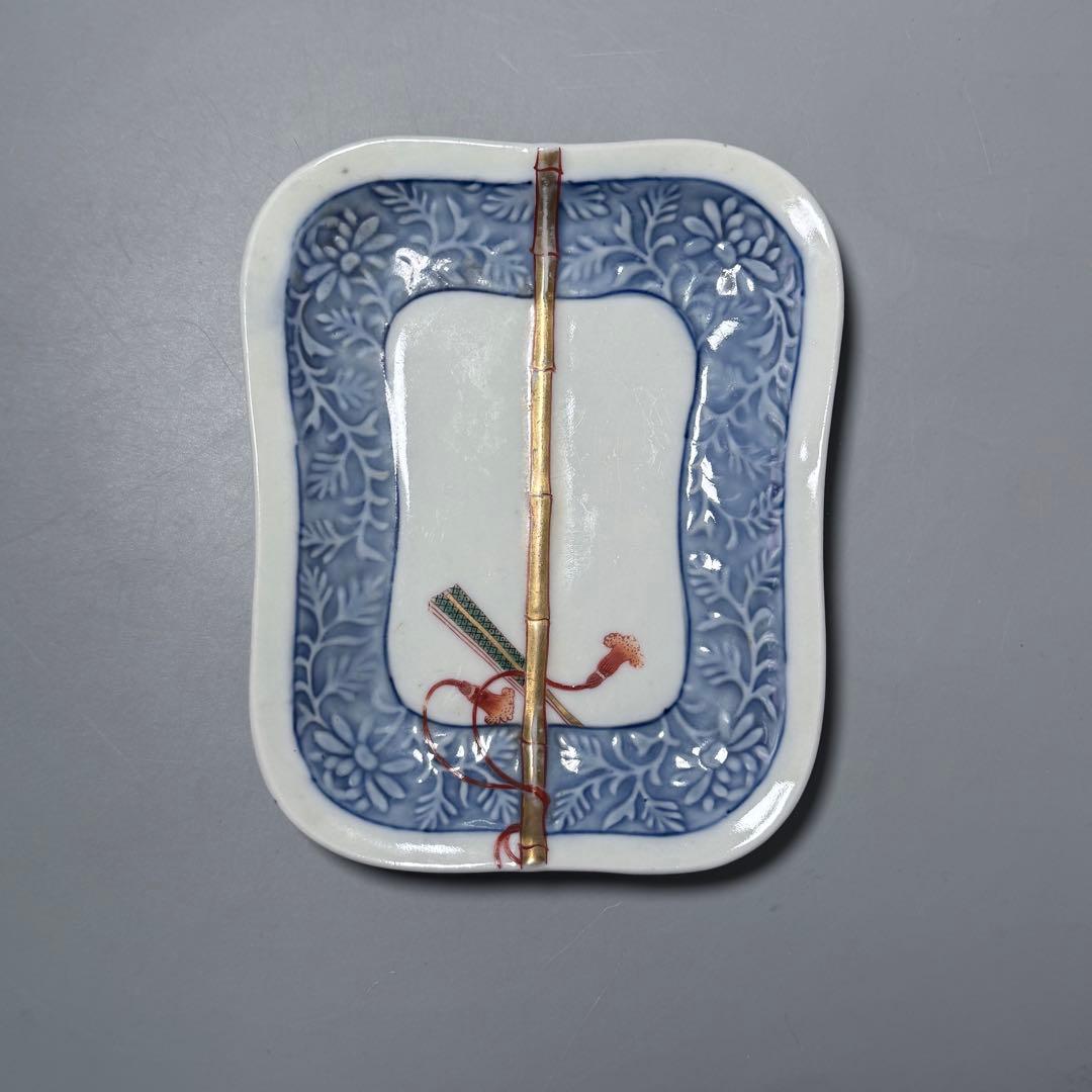 明治時代　有田焼　岩松平吾　色絵軍配形皿　五枚　角岩印　陽刻　珍品　残り僅か