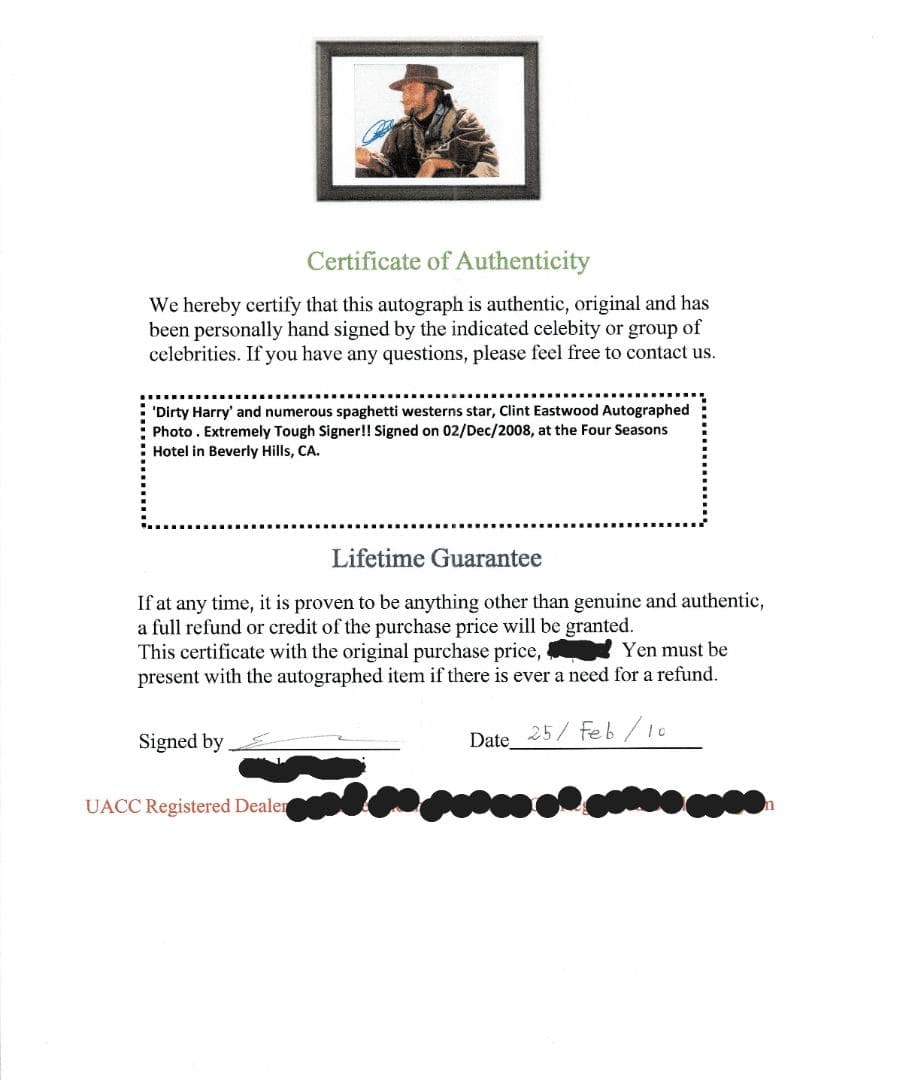 週末特価！　クリント・イーストウッド　直筆サインポートレート・証明書付き