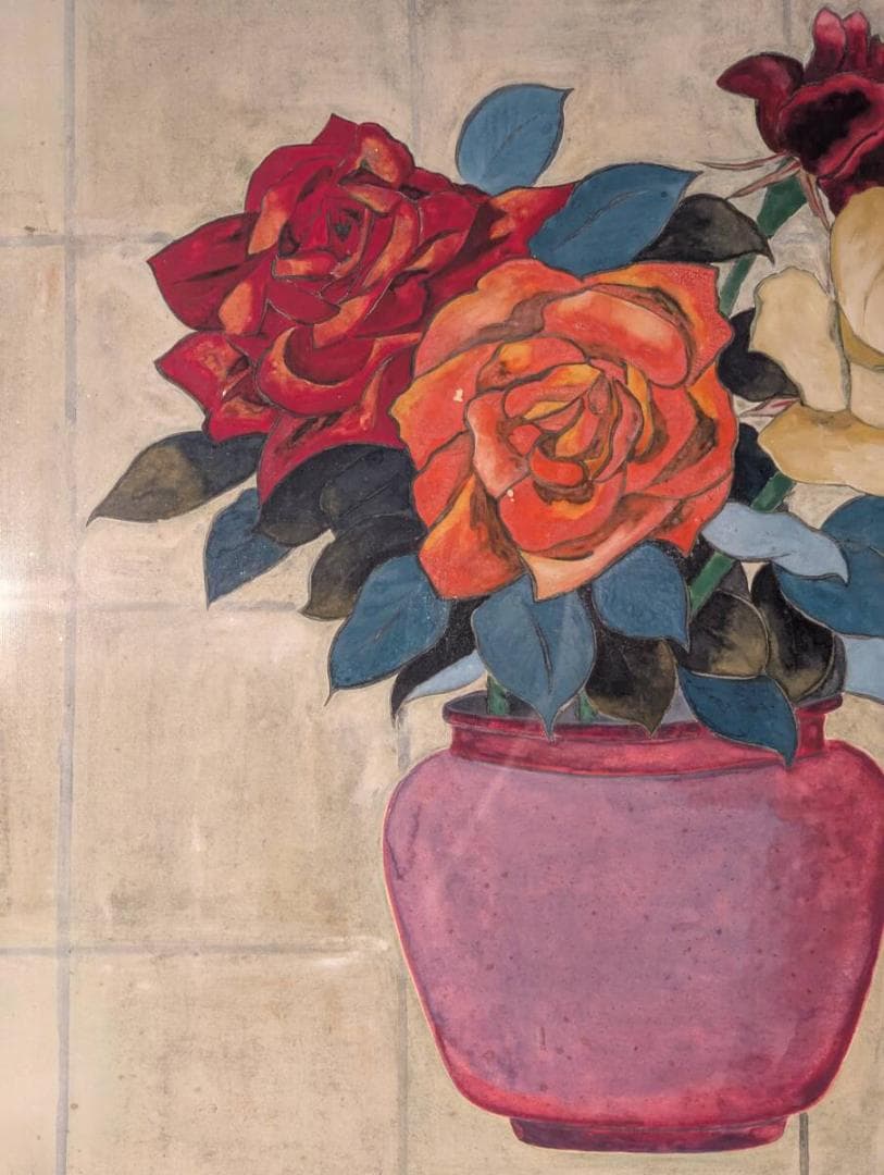 【真作】絵画　田中実　日本画10号　赤・橙・白の薔薇　華麗な花瓶図　Z27