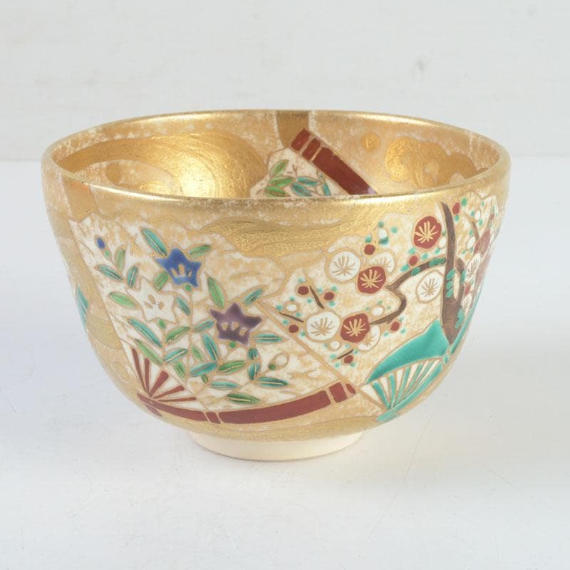 茶道具　京焼　上山善峰作　金砂子　扇面流茶碗　共箱　V　9825