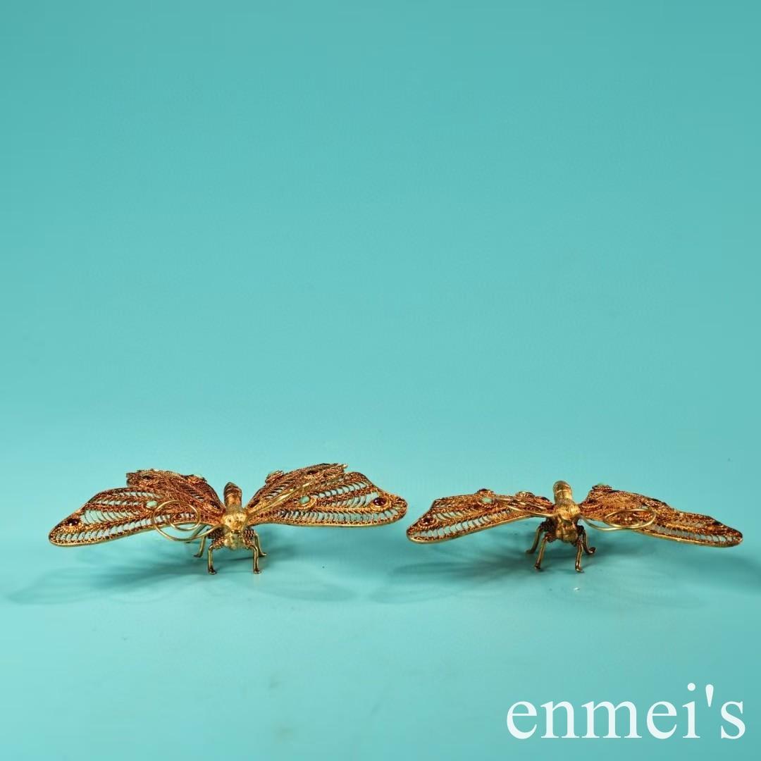 中国古美術・旧蔵掐絲工芸鎏金宝石を嵌め込んだ蝶・純銅制・茶道具・装飾品・案頭