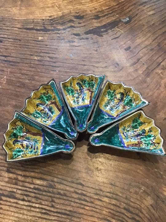 青手花鳥図扇面型皿　5客　九谷焼