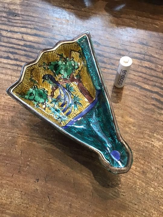 青手花鳥図扇面型皿　5客　九谷焼