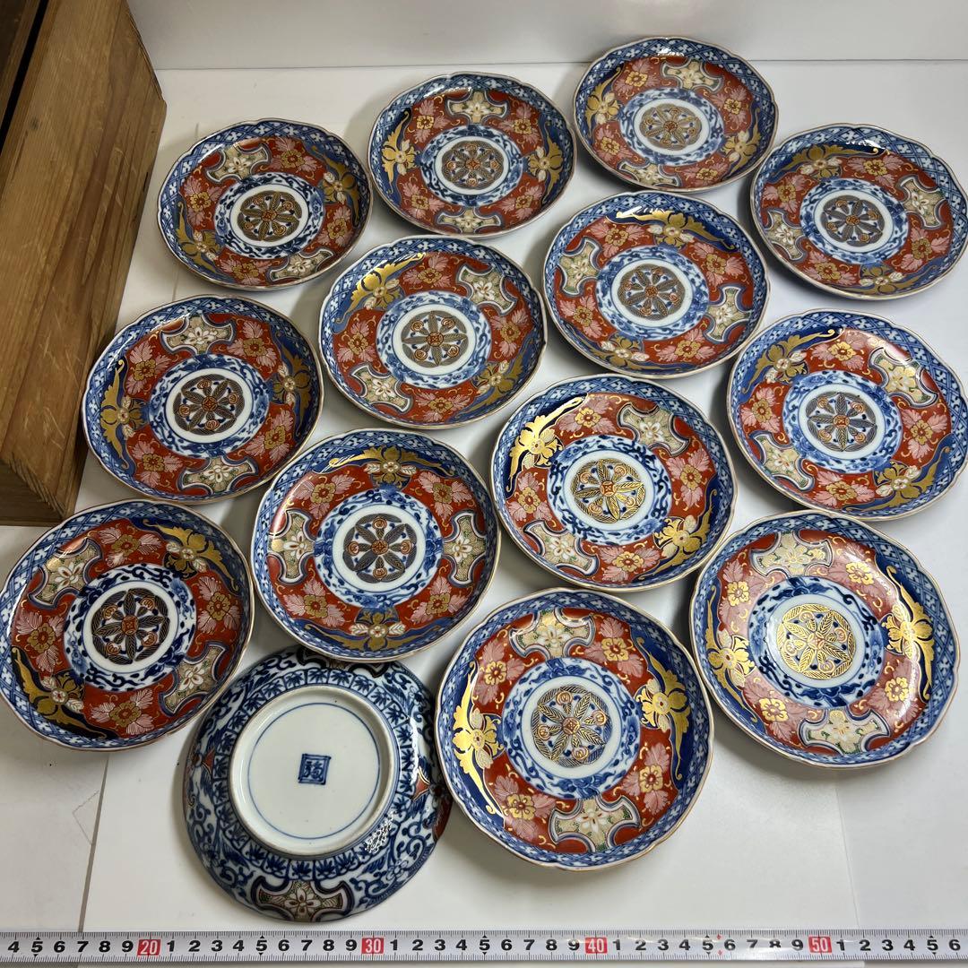 明治初期　極上手　大聖寺伊万里中皿14枚　木箱付　東Y8-0205☆2F