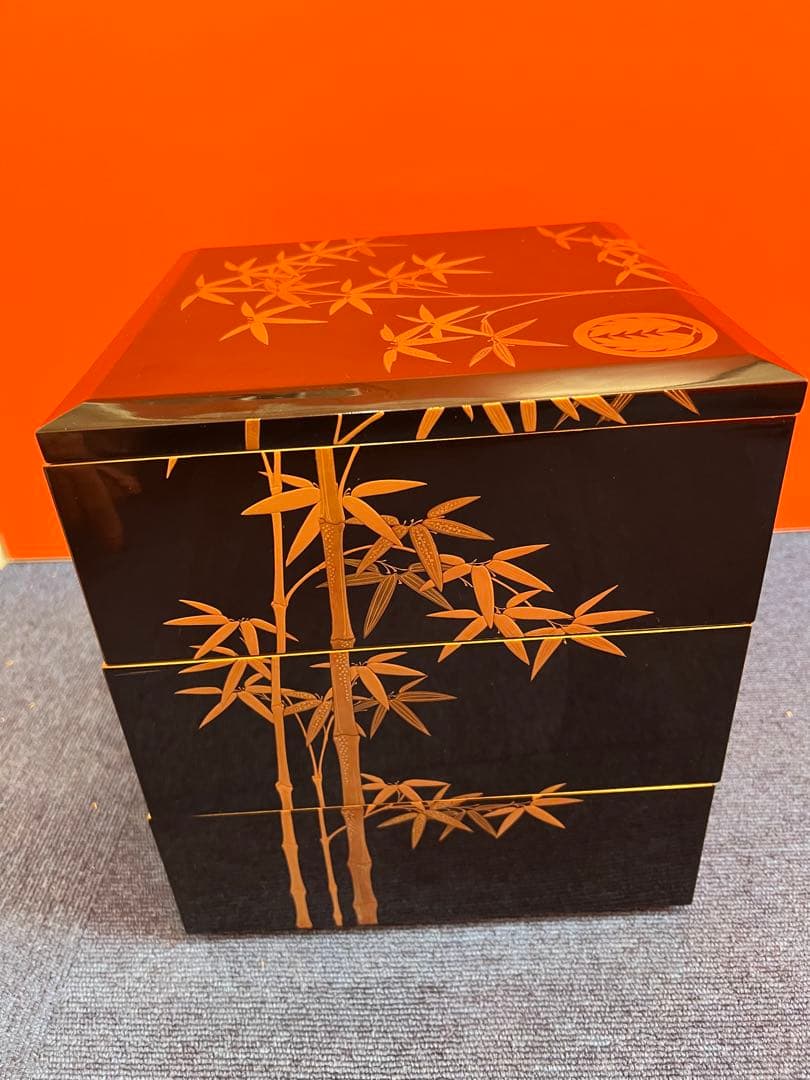 937 黒漆塗り沈金重箱　金蒔絵　竹　3重　高級　美品