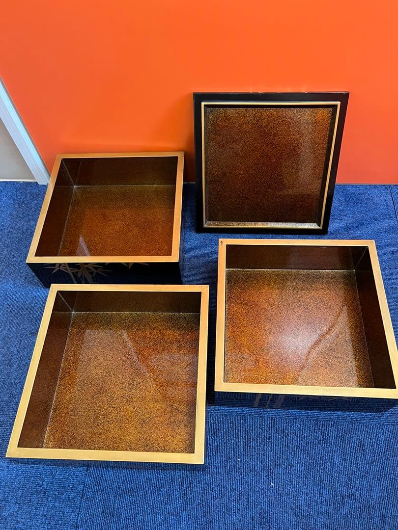 937 黒漆塗り沈金重箱　金蒔絵　竹　3重　高級　美品