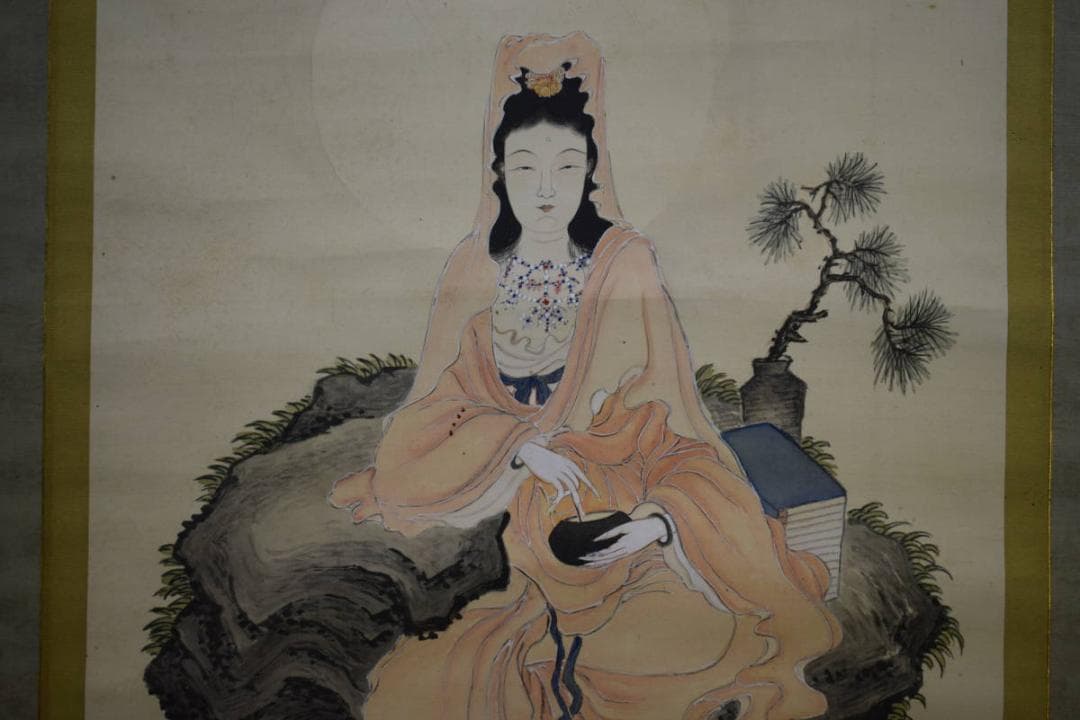 真作/森田竹崖/岩上観音図/般若心経/布袋屋掛軸HF-765