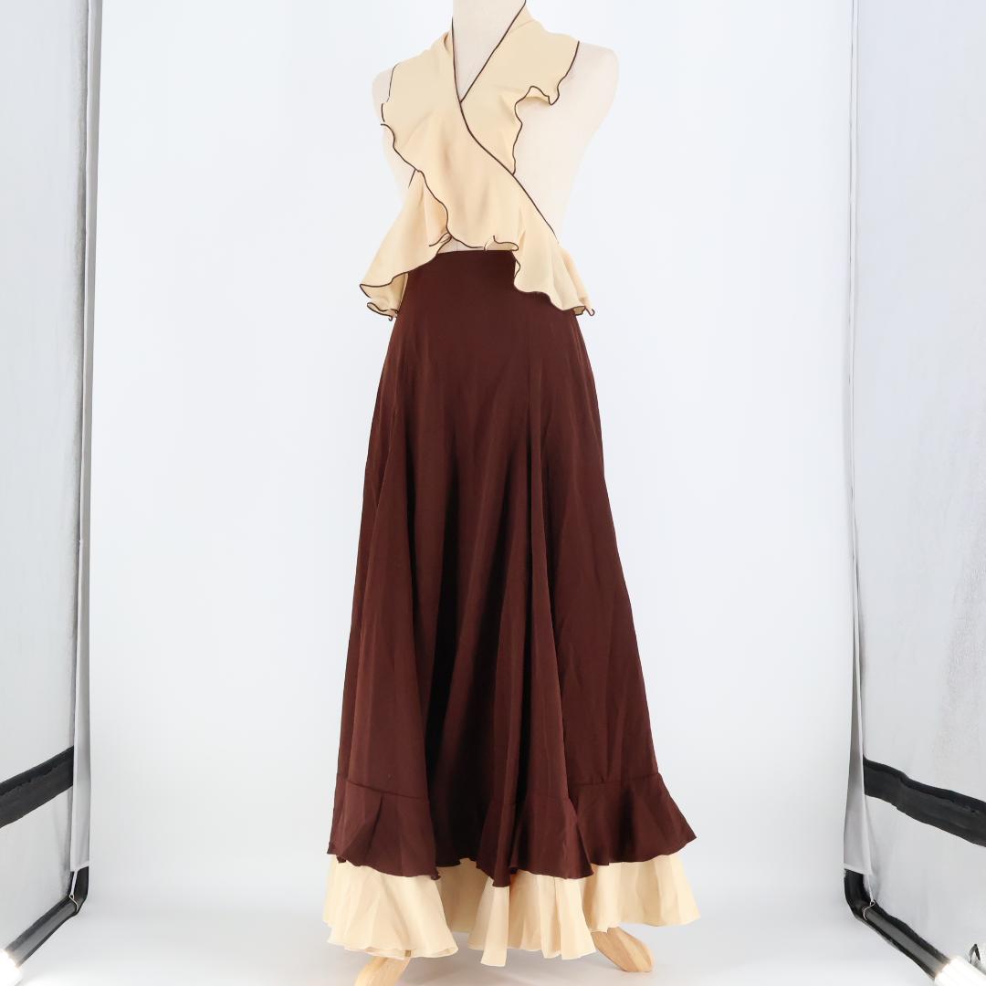 【美品 フラメンコ衣装】ブラウン ファルダ シージョ スカート ボランテ フリル