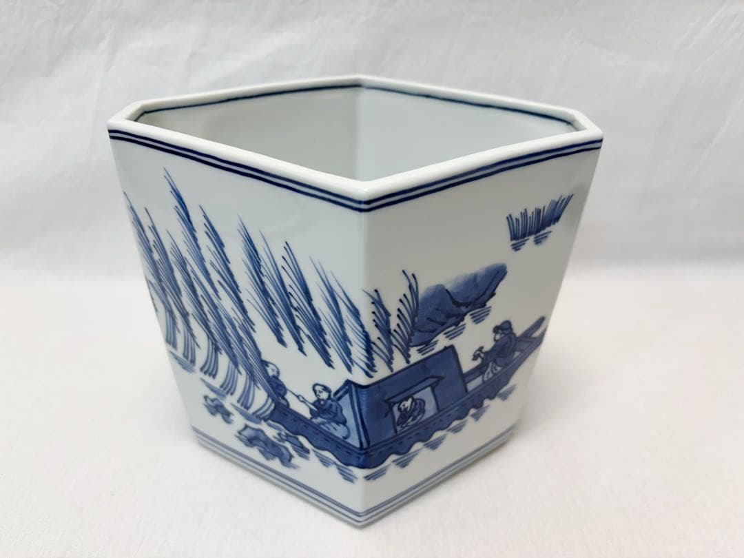 茶道具 平安祥堂造 染付 菱形水指 蓋裏サイン有 塗蓋付 茶器 底印 共箱