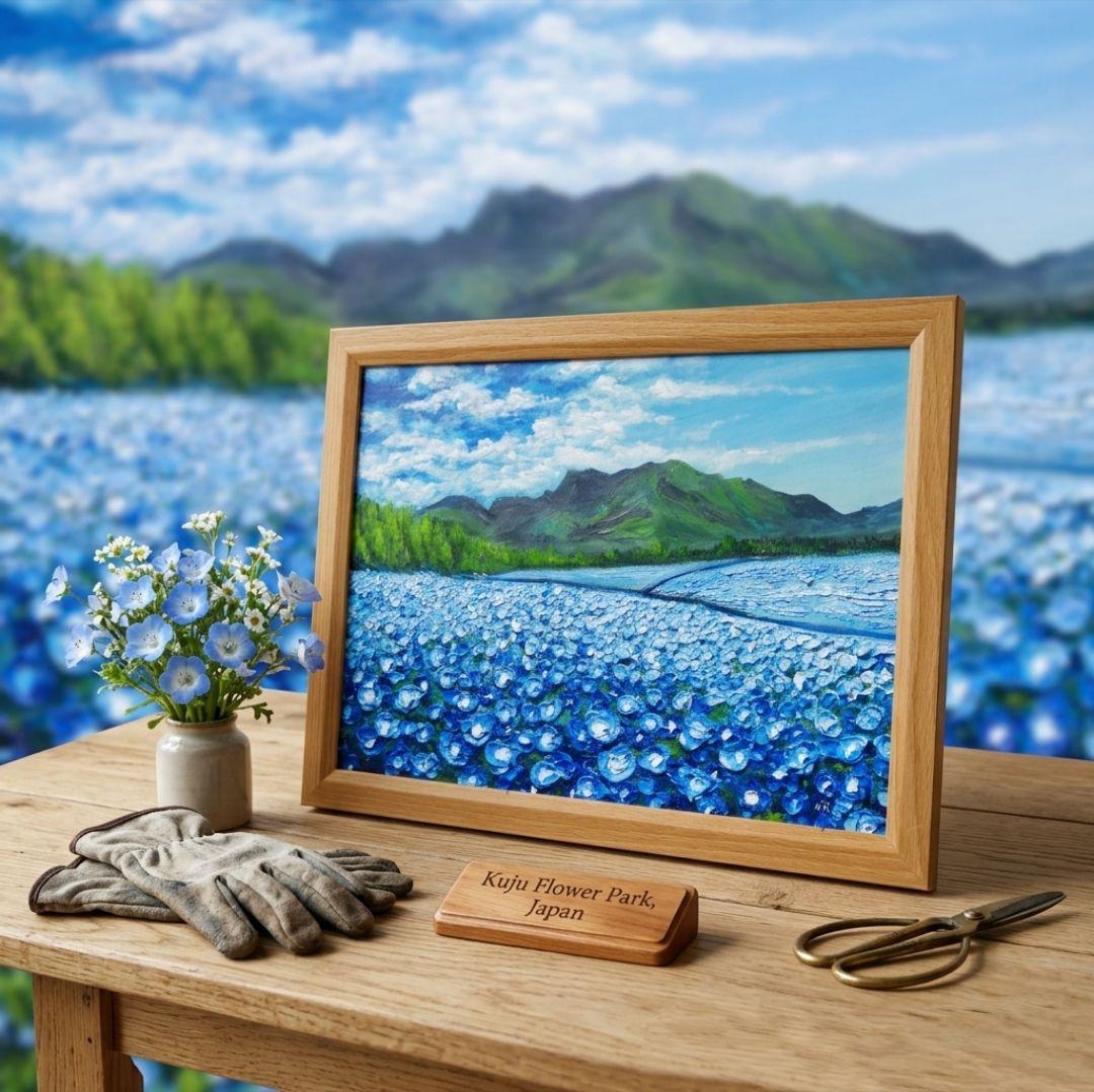 油絵 油彩 油彩画 絵 絵画【くじゅう花公園のネモフィラ畑】