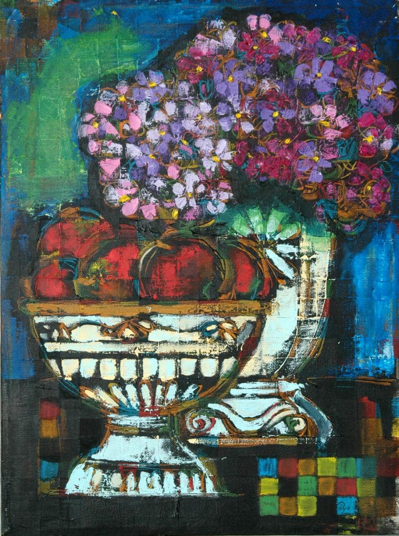 油絵 菅家令子 絵 絵画インテリア額付(青緑＋金色の枠)uF6-063504花器