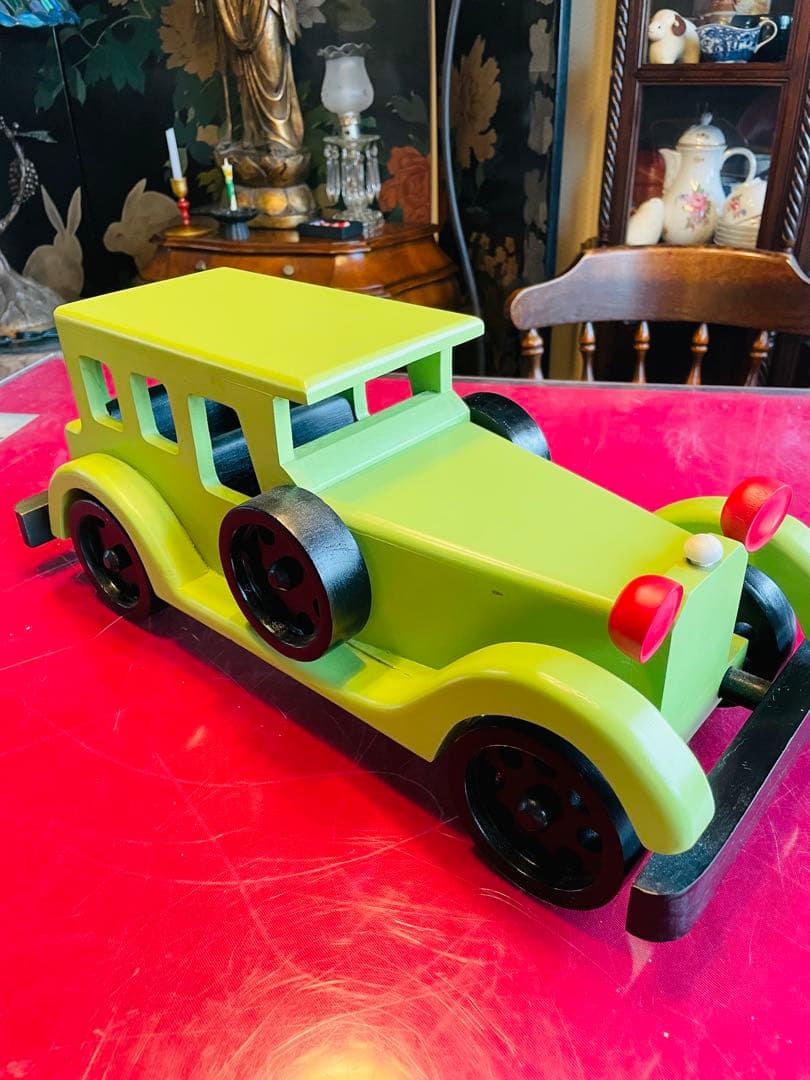 【美品】木製　クラシックカー風　おもちゃ　グリーン　アンティーク