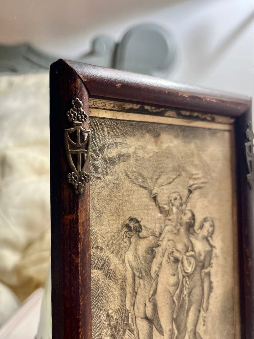 ◆フランスアンティーク｜1700年代名画三美神版画天使エンジェルヴィーナス木製