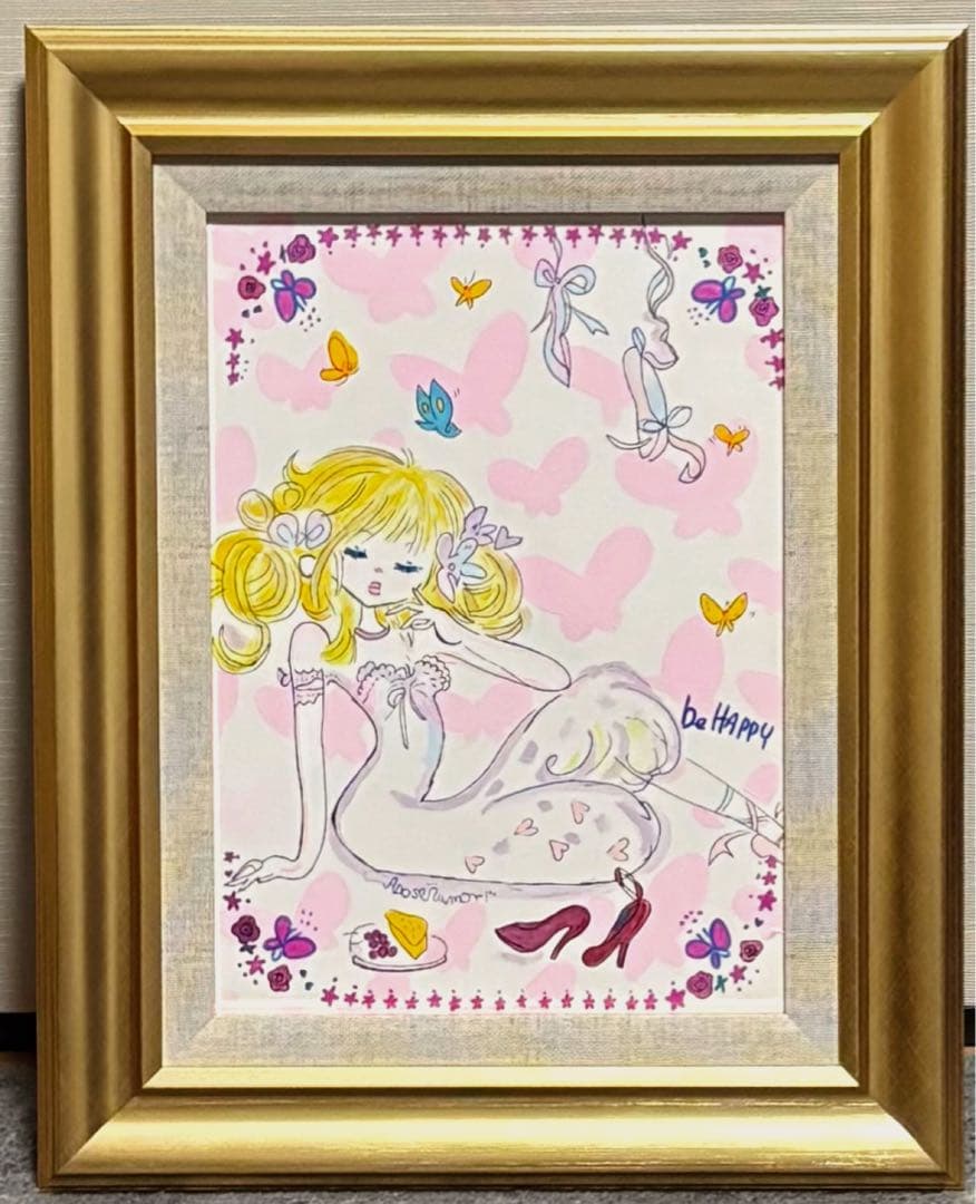 【F4号】手描き油彩画　水森亜土　額縁　未使用額　絵画　サイン　人気作家　女性