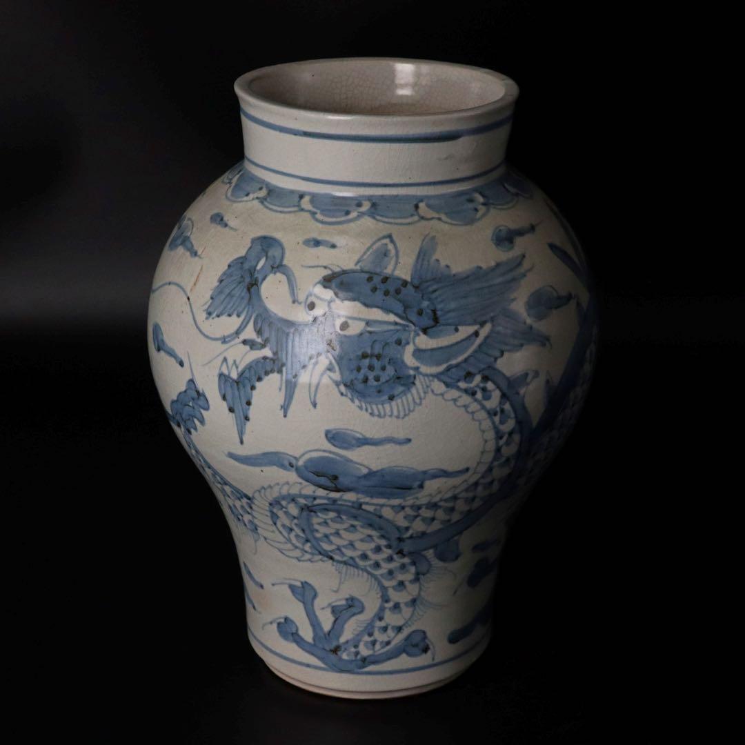 李朝時代 染付雲龍図花入 高：32cm 朝鮮古陶 唐物骨董