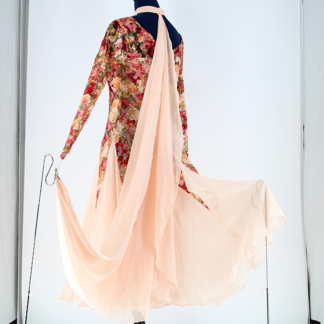 【社交ダンス衣装】ピンク パープル ワンピース ドレス レース チョーカー 花柄