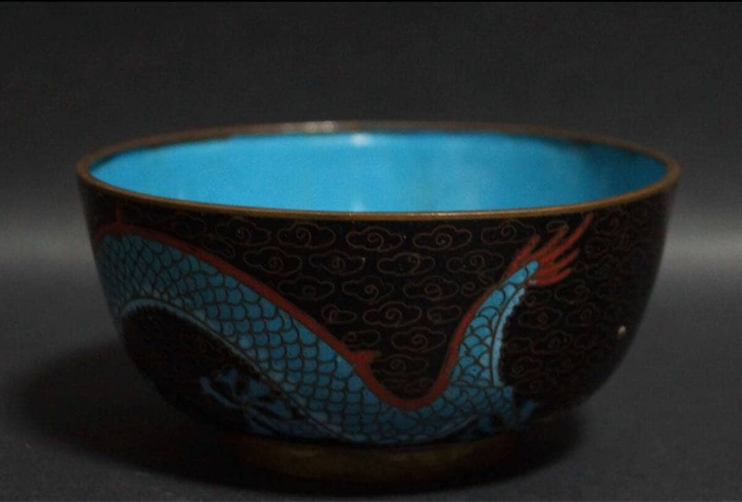 明治期 銅製 七宝焼 金彩色絵『龍戯珠文』茶碗 抹茶碗 茶道具☆時代物☆