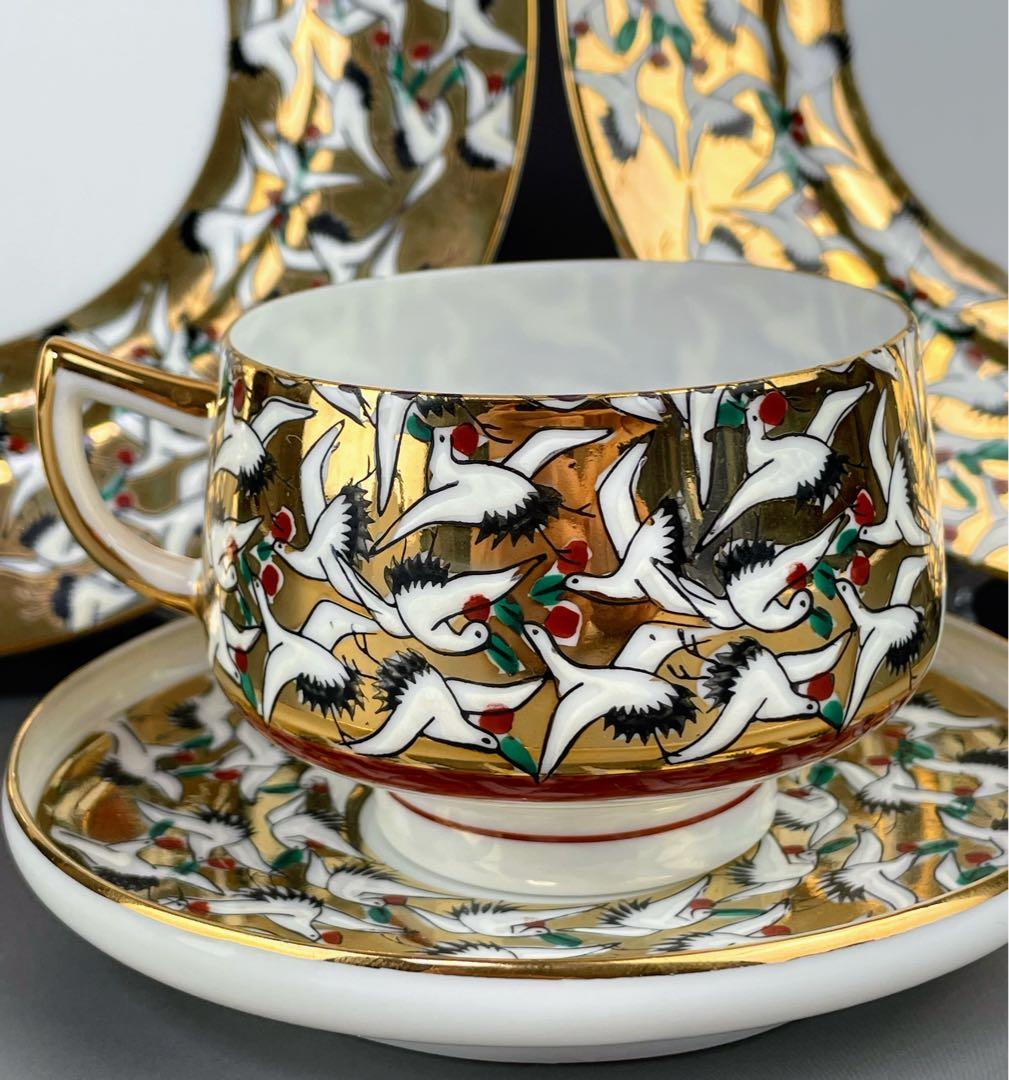 【希少】九谷焼 1000クレーン 鶴 カップ ソーサー 2プレート セット