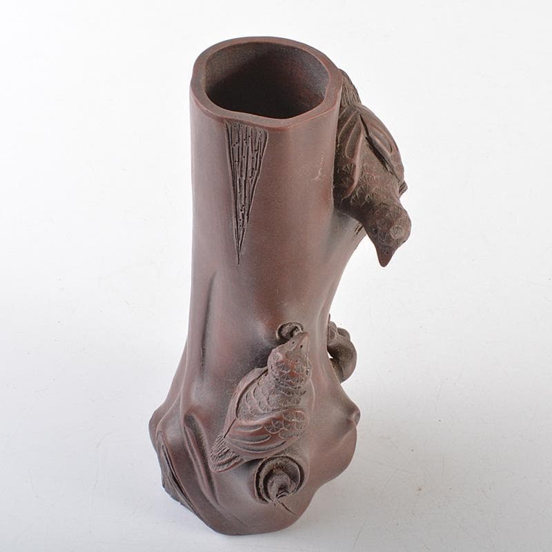 中国　紫砂　朱泥　梅に鳥彫　花瓶　在銘　V　R6449