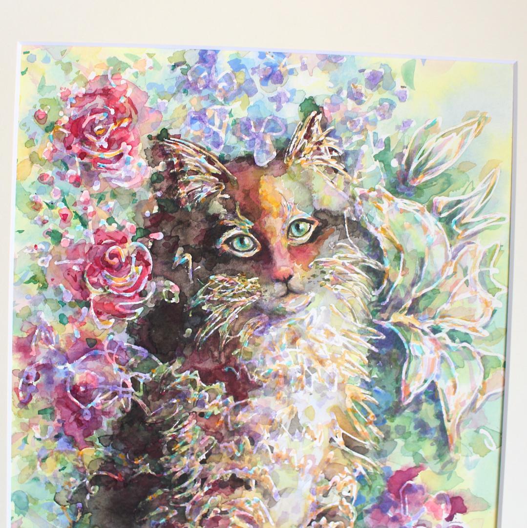 猫の絵 水彩画 原画 額付き「花の香り」F4