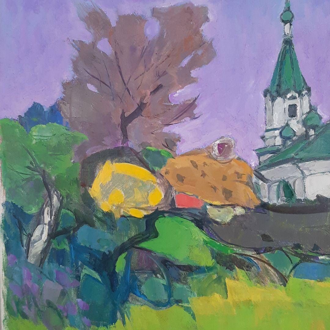 No4605 額装　菅野矢一「教会の春」油彩画　直筆サイン　箱付　絵画　送料無料