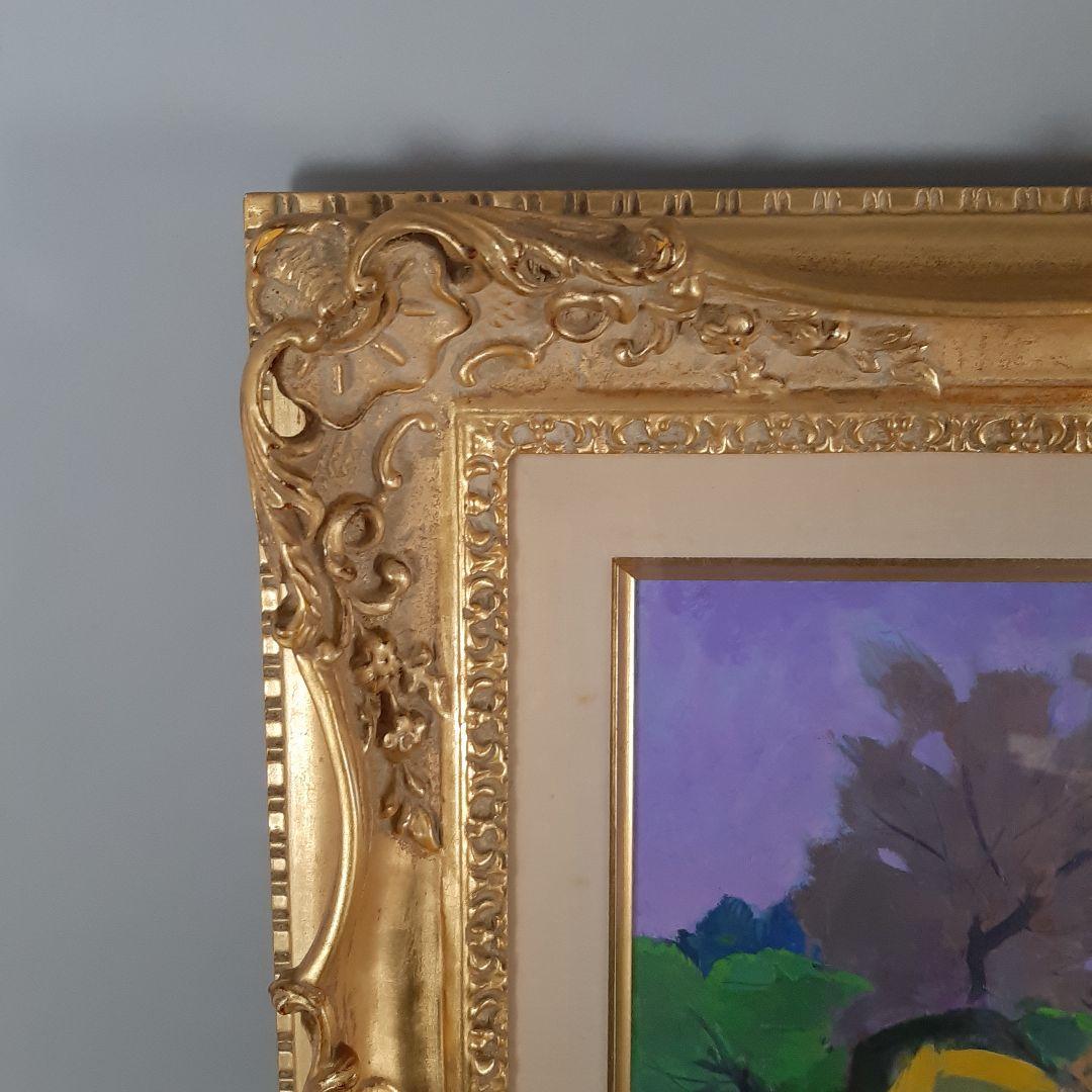 No4605 額装　菅野矢一「教会の春」油彩画　直筆サイン　箱付　絵画　送料無料