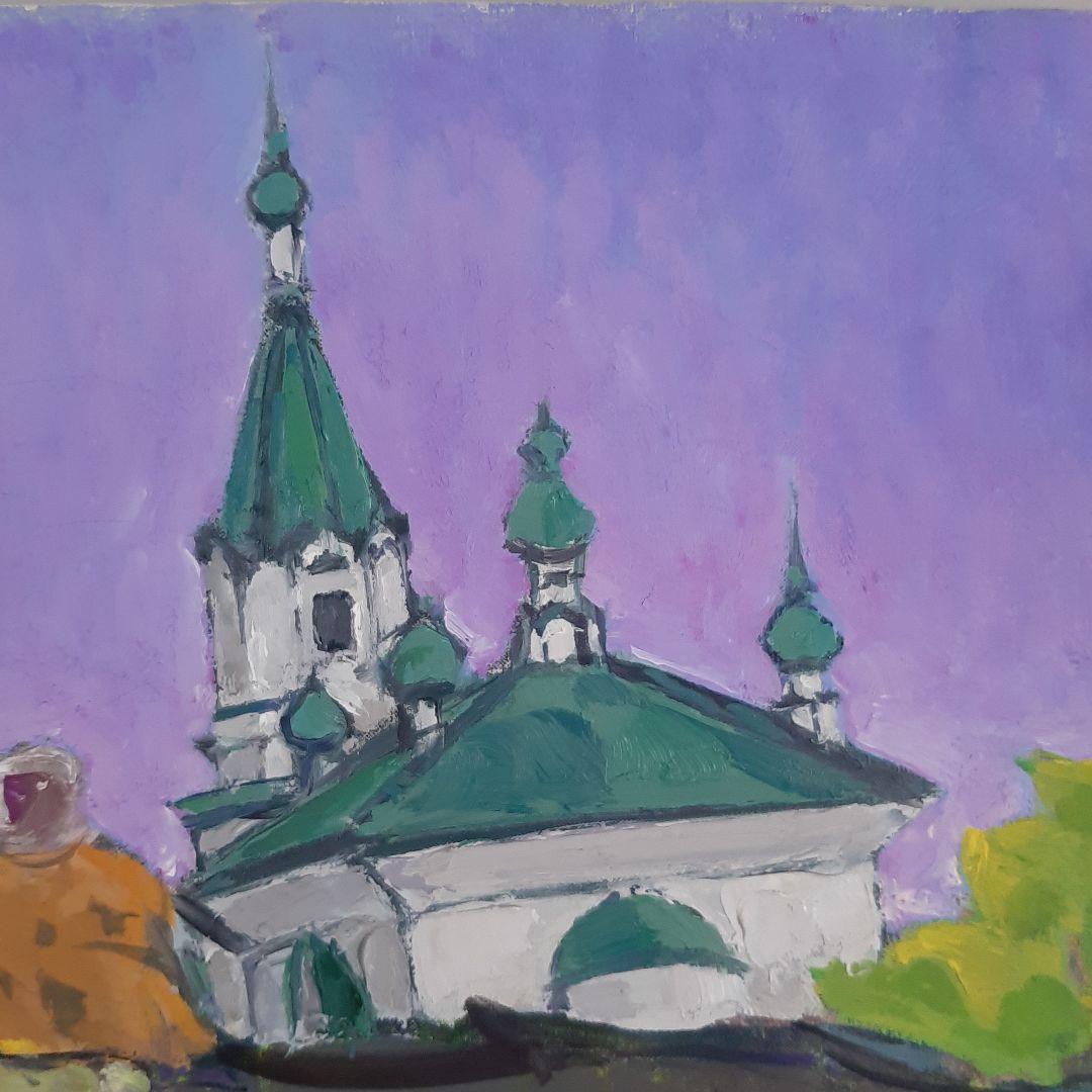 No4605 額装　菅野矢一「教会の春」油彩画　直筆サイン　箱付　絵画　送料無料